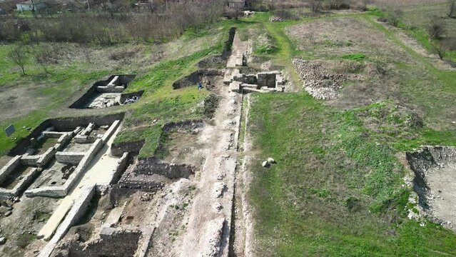 Drone view over Deultum .An ancient city and bishopric in Thrace. It was located at the mouth of the River Sredetska on the west coast of Lake Mandrensko,near the city of Burgas	
