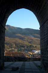 Hervas Caceres Extremadura view of the mountain from the arch inside the castle vertically