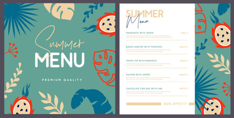 Retro summer restaurant menu design with tropic leaves pattern and pitahaya. Vector illustration