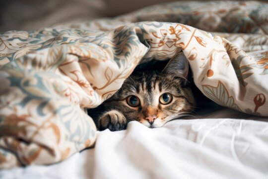 Ginger Cat Nestled Cozily Amongst Quilted Blankets During Daylight Hours