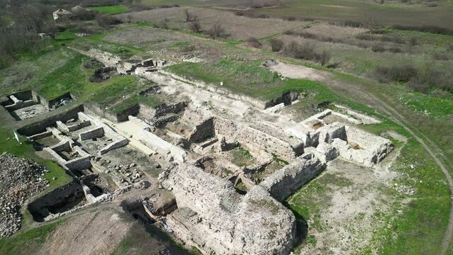 Drone view over Deultum .An ancient city and bishopric in Thrace. It was located at the mouth of the River Sredetska on the west coast of Lake Mandrensko,near the city of Burgas	
