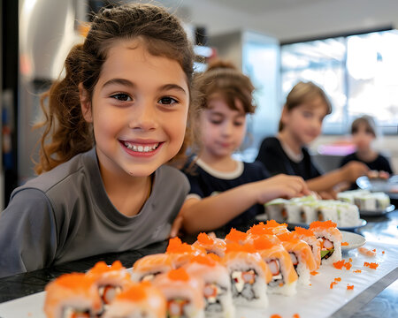Smiling young girl enjoying a sushi making class with friends, showcasing homemade sushi rolls on a table in the foreground.