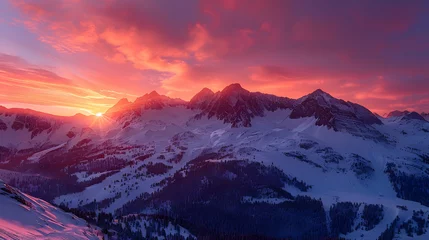 Foto op Canvas Breathtaking sunrise painting the sky in shades of pink and red over majestic snow-capped mountain peaks, creating a dramatic alpine scene. © Chomphu