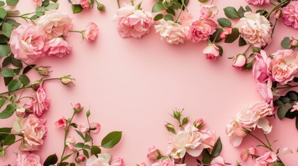 wallpapers a Beautiful flowers composition. Blank frame for text, pink rose flowers on pastel pink background. Valentines Day