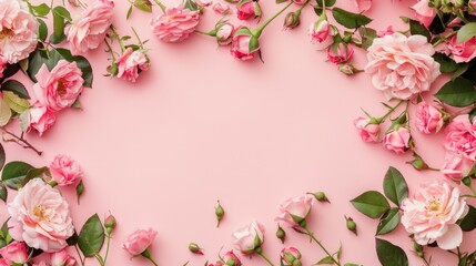 Fototapeta na wymiar wallpapers a Beautiful flowers composition. Blank frame for text, pink rose flowers on pastel pink background. Valentines Day,