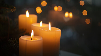 Obraz na płótnie Canvas A serene backdrop with softly lit candles, creating a tranquil and relaxing atmosphere.