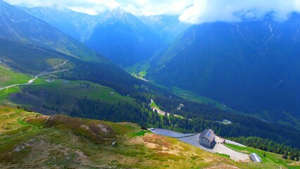 Jaufenpass - South Tyrol - Italy - Flight aerial view and view of the Enzianhütte