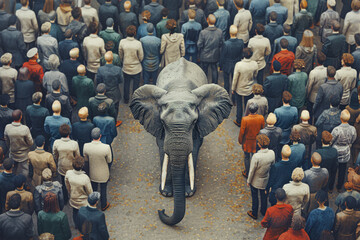 Addressing the elephant in the room concept, an elephant surrounded by people who don't acknowledge it - obrazy, fototapety, plakaty