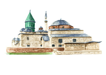 Mevlana mosque in Konya, Turkey. Hand drawn watercolor  illustration  isolated on white background - 760441288