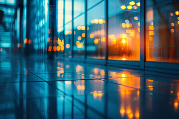 Blurred glass reflections, modern business office environment, modern architecture background, and bokeh lights