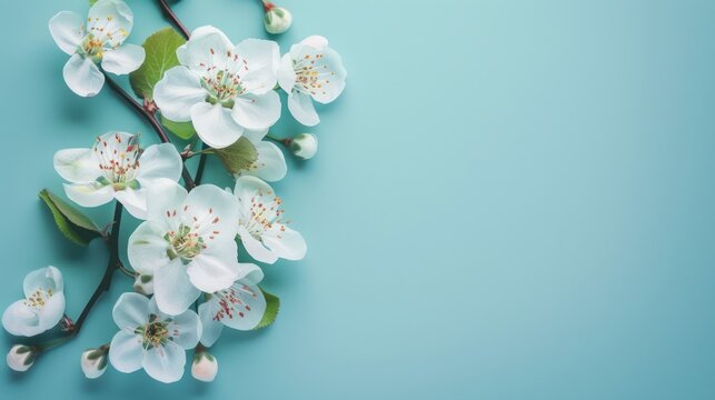 This is a flat square background picture, light blue background, pear flowers, flowers