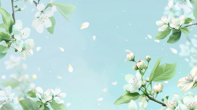 This is a flat square background picture, light blue background, pear flowers, flowers