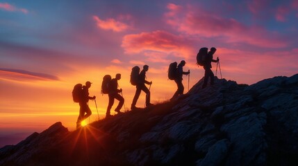 Silhouettes of friends hiking up a rugged mountain trail against a vibrant sunset backdrop. - obrazy, fototapety, plakaty