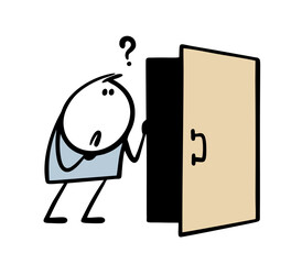 Cartoon stickman opens the door and looks into the black space. Vector illustration of doodle man facing the unknown. Scared character and question mark. Isolated person on white background. - 760441850