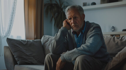 Fototapeta premium Pensive elderly man sitting alone with a somber expression, enveloped in a quiet home atmosphere.