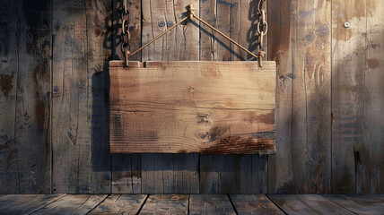 Blank wooden sign hanging on an old wooden door. - obrazy, fototapety, plakaty