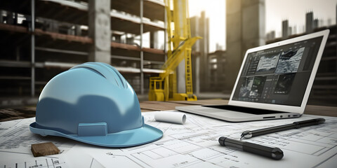 Concept building industry background banner. Construction blueprints with tools and computer tablet with hard hat - obrazy, fototapety, plakaty