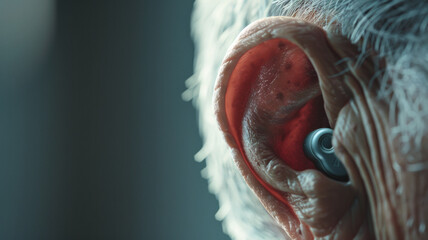 Close-up of a senior's ear with a modern hearing aid device. - obrazy, fototapety, plakaty
