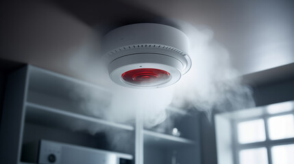 Working smoke detector and fire alarm in action. System for protection and safety of smart home or warehouse - obrazy, fototapety, plakaty