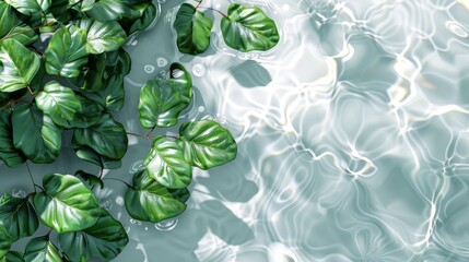 Spa Product Green leaves show clear water on a light background. Summer concept, flat lay, top view. background for the display of natural cosmetics. Nature background for luxury product placement