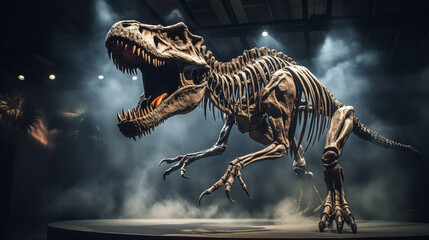 Fototapeta na wymiar Fierce T-Rex skeleton on display, evoking prehistoric times in dramatic museum exhibit.