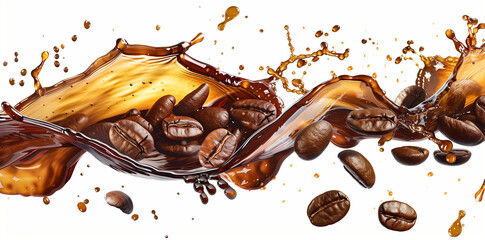Abstract coffee splashes with beans isolated on white background, banner for design element or web...