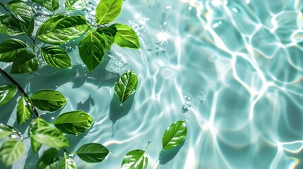 Spa Product Green leaves show clear water on a light background. Summer concept, flat lay, top view. background for the display of natural cosmetics. Nature background for luxury product placement - obrazy, fototapety, plakaty
