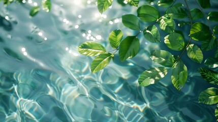 Spa Product Green leaves show clear water on a light background. Summer concept, flat lay, top view. background for the display of natural cosmetics. Nature background for luxury product placement