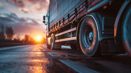 Close-up of a cargo truck  on the road at sunrise