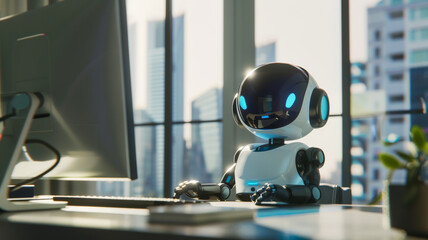 Charming robot with glowing eyes sitting at a desk with a computer. - obrazy, fototapety, plakaty