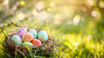 Obraz premium A little nest with colorful Easter eggs in the green grass, in a spring sunny day