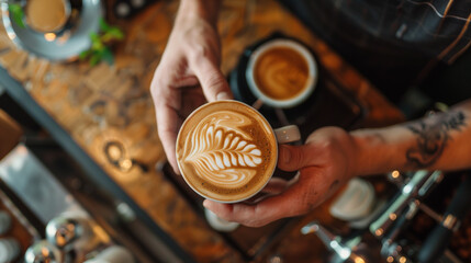 Barista making latte art with coffee in a cafe, close up hand holding a silver milk pot and pouring cream