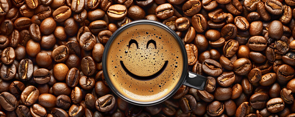coffee background of a cup of black coffee with smiling face coffee bubble on background of roasted arabica coffee beans - obrazy, fototapety, plakaty