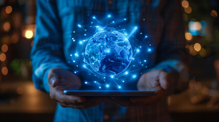 Man hands holding a tablet, earth globe communications symbol over the screen