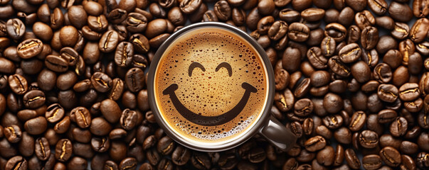 coffee background of a cup of black coffee with smiling face coffee bubble on background of roasted arabica coffee beans