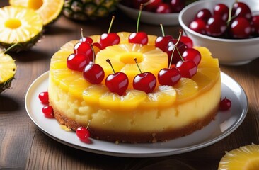 Sponge cake with canned pineapples and cherries on wooden table - 760443605
