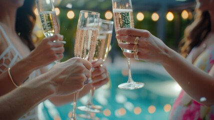 Toasting with champagne, festive poolside celebration.