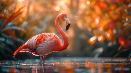A flamingo standing in the swamp natural background