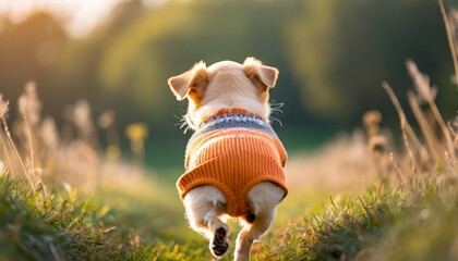 セーターを着ているかわいい子犬のお散歩 - obrazy, fototapety, plakaty
