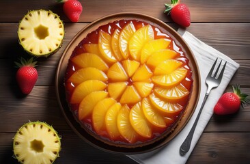 Pie with canned pineapples on wooden table, top view - 760443812