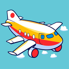 Cartoon airplane flying through the sky with clouds.