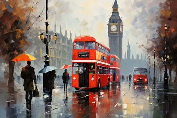 oil painting on canvas, street view of london. Artwork. Big ben. couple and red umbrella, bus and...