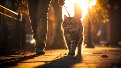 Promenade d'un chat au coucher de soleil en ville, 8K - obrazy, fototapety, plakaty