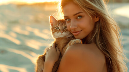 Une jeune femme blonde et son chat sur la plage, 8K - obrazy, fototapety, plakaty