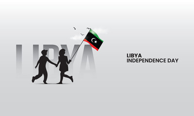 Libya independence day, happy children flying libya flag, libya typography, design for social media banner, poster 3D Illustration. 