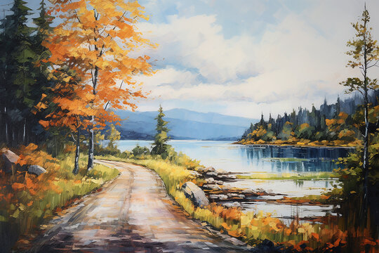 oil painting road by lake