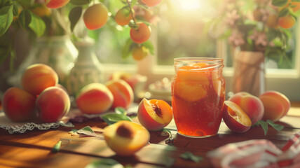 Preserved summer peaches in a jar, amidst fresh fruit and warm light. - obrazy, fototapety, plakaty