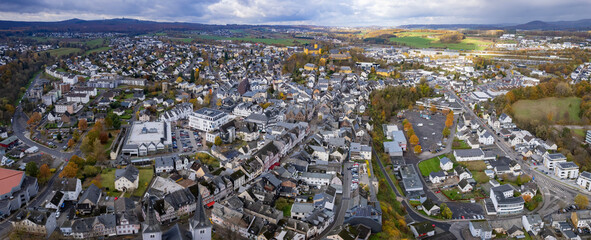	
Aerial view around the old town of the city  Montabaur in Germany on a cloudy day in autumn	

