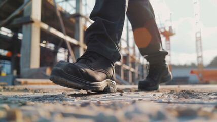 Close-up of a worker's feet walking on gravel at a construction site, depicting hard work and industry.