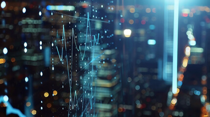 Futuristic cityscape with digital data overlay, illustrating a connected and high-tech metropolis.